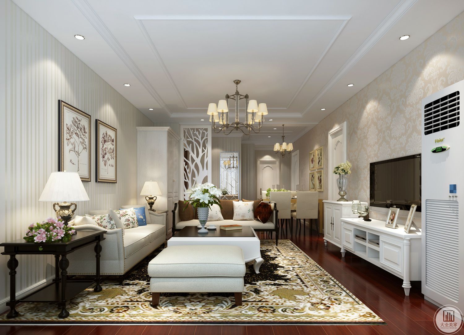 客厅大块浅色的地毯，提升了舒适性。