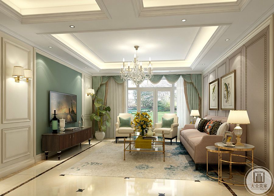 客厅大多采用白色为主，窗帘和背景墙上的都选择了浅绿色，整体装修温馨带一丝小清新。