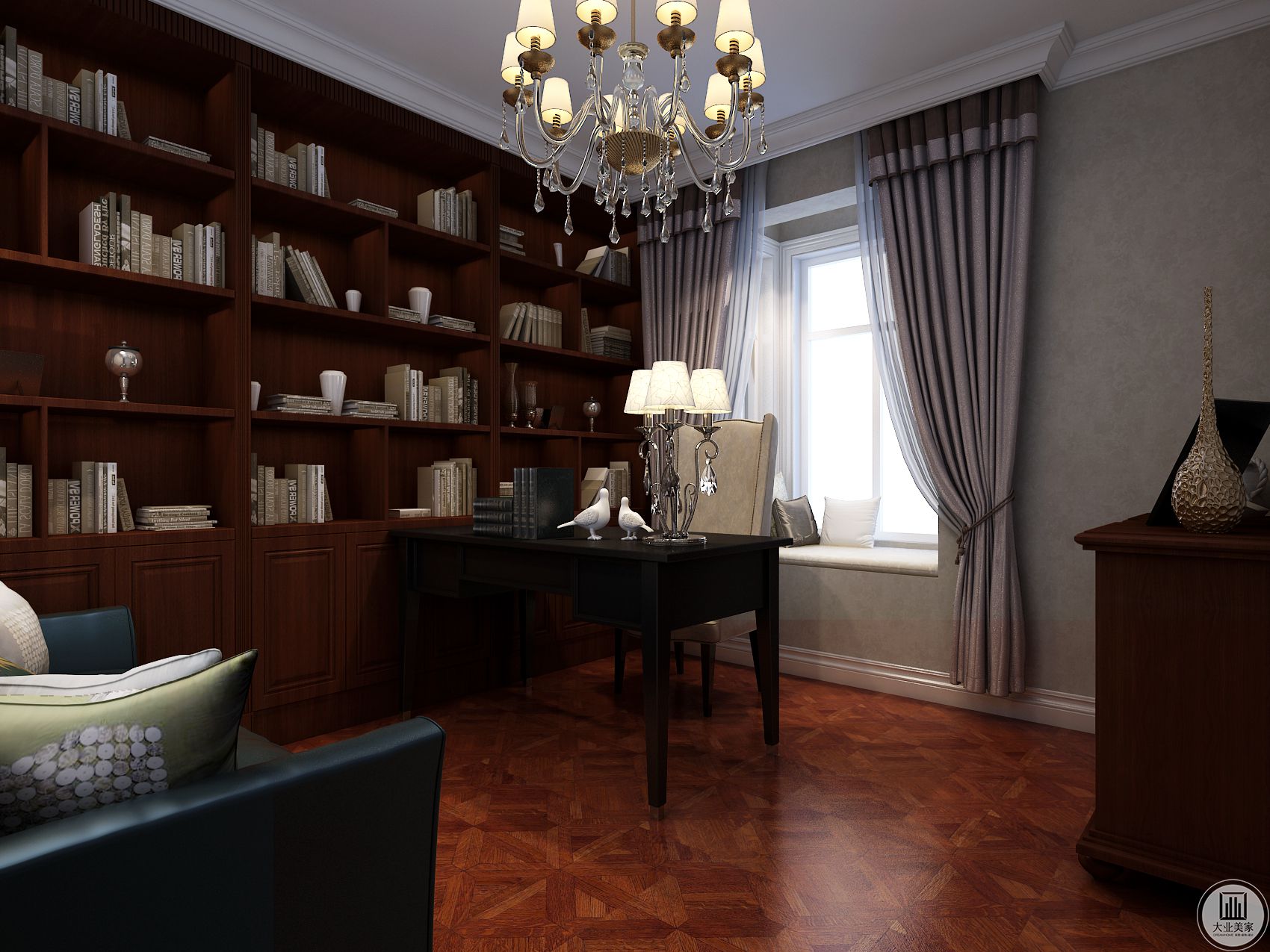 书房采用褐色色调为主，木质家具居多，给人一种古色古香的气氛。