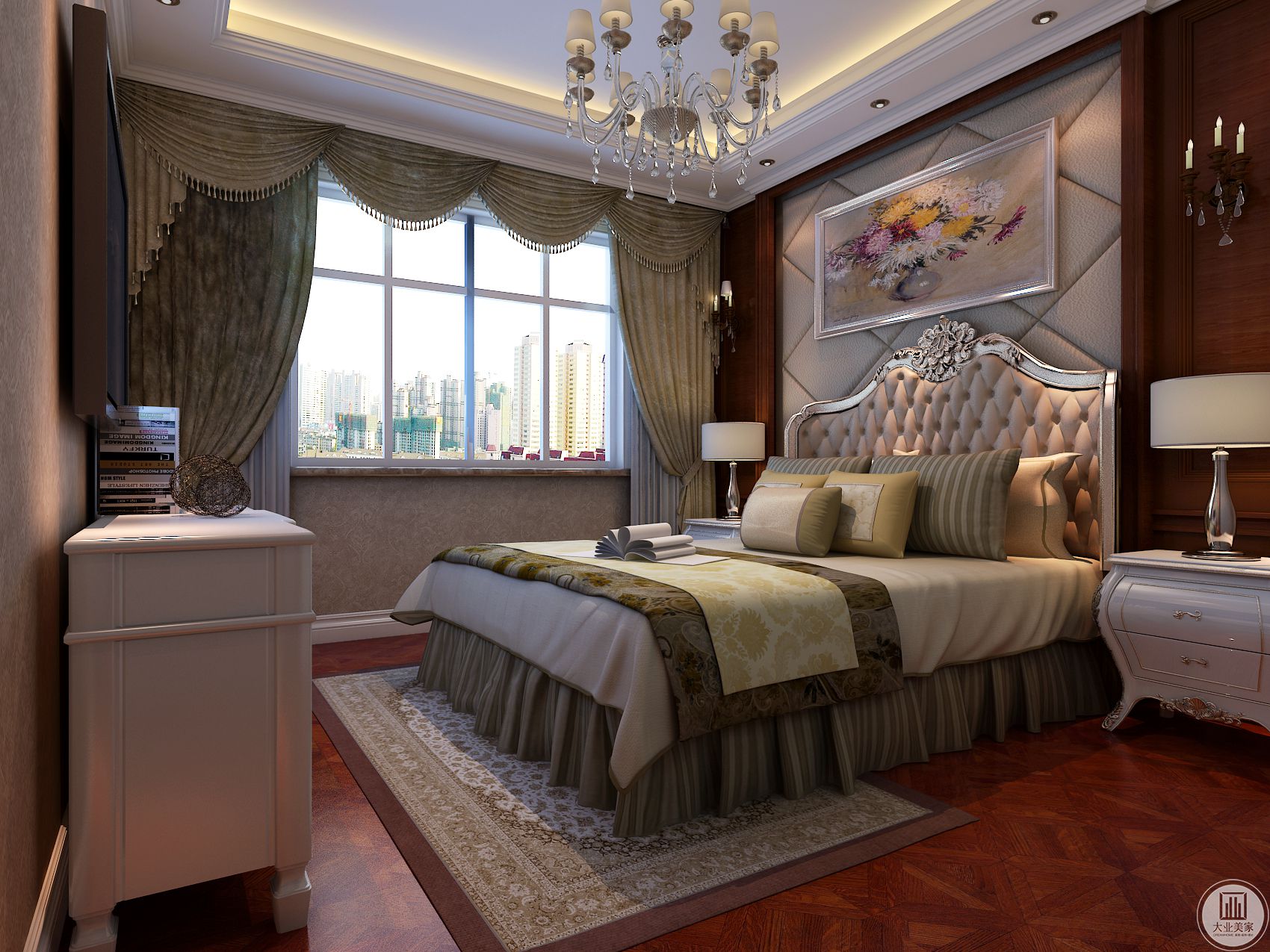 卧室高级木料及光面家具，肌理质感上有一种延续的整体贯穿感。