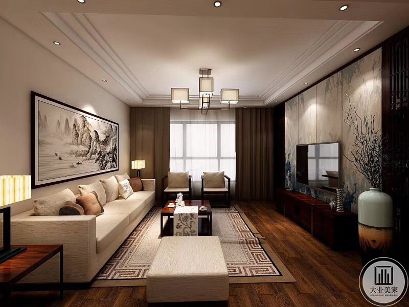 客厅主要采用硬朗简洁的直线条，空间具有层次感。