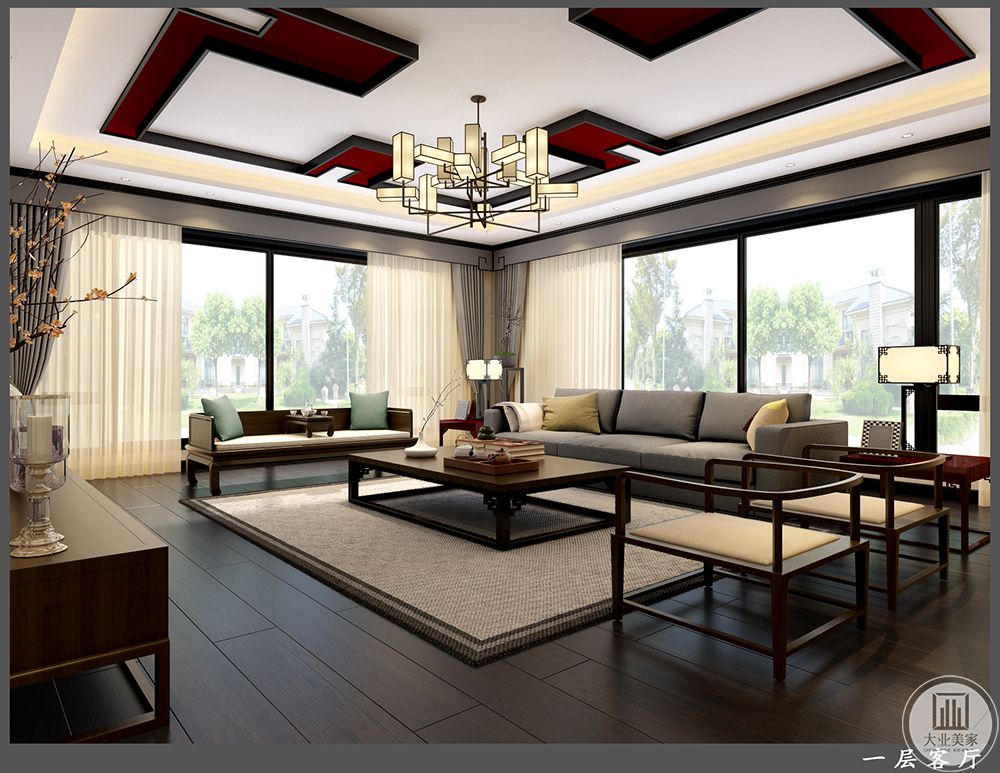 客厅的布置简单大方，吊灯是低调而奢华的，设计从视觉上拉伸了空间的高度，在色彩的搭配上也很有质感很简洁大方。 