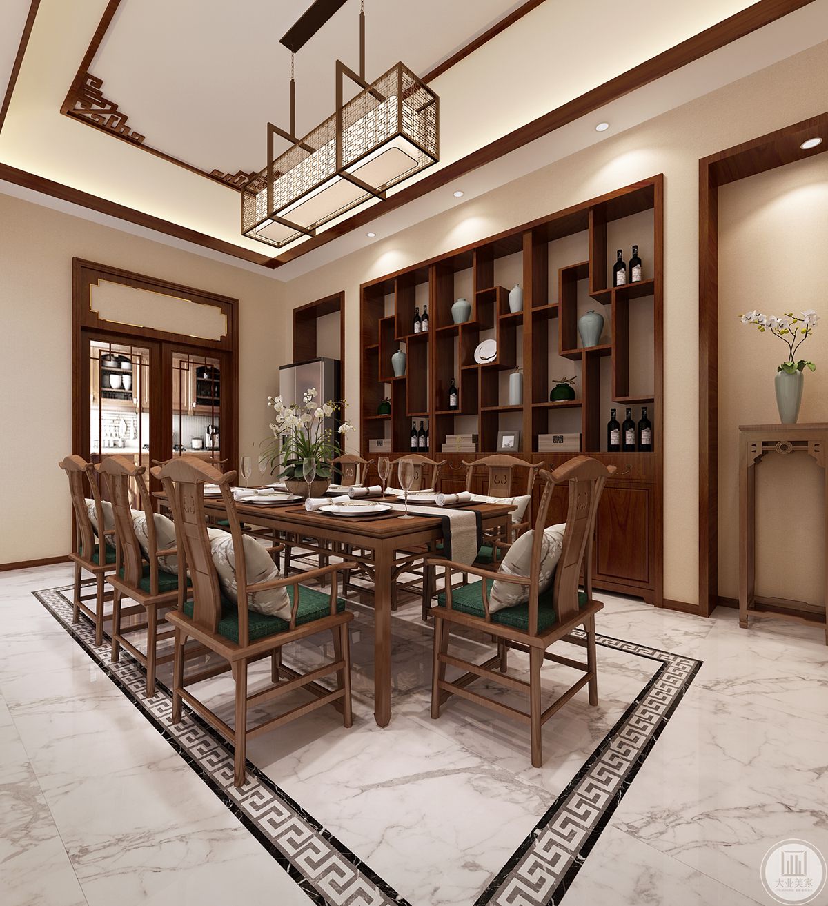 中式餐桌及座椅和木质书架墙的结合，整体空间更显传统。