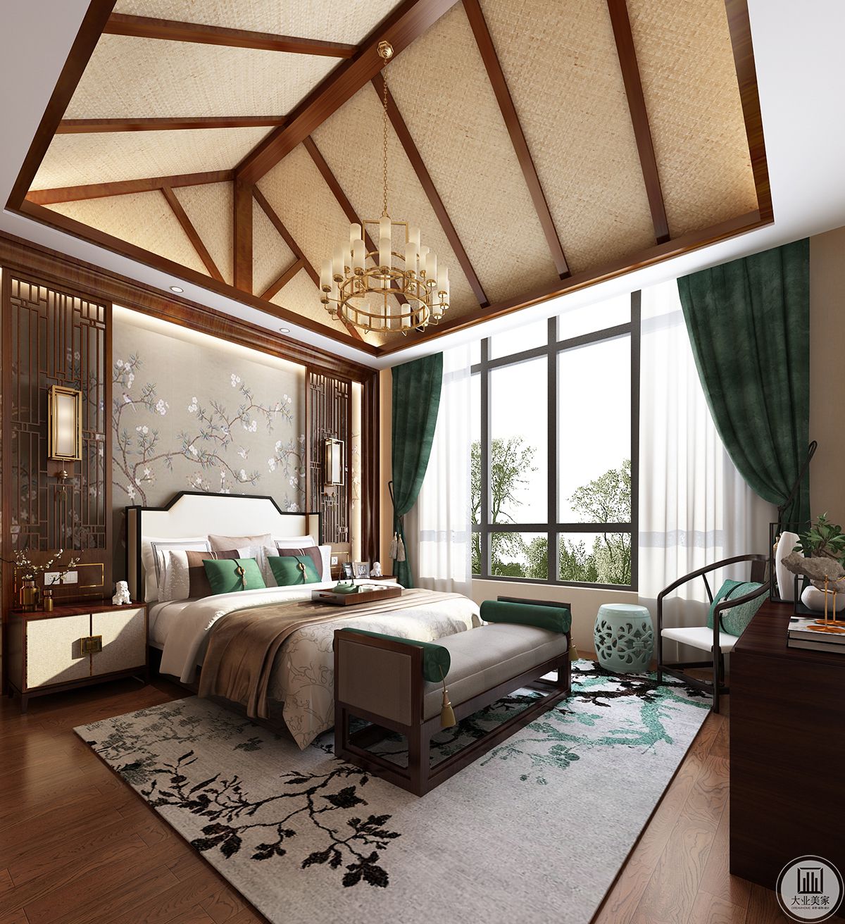 主卧室选用亮色明黄色来搭配，更有棚顶的木质举架设计，整体颜色统一协调。 