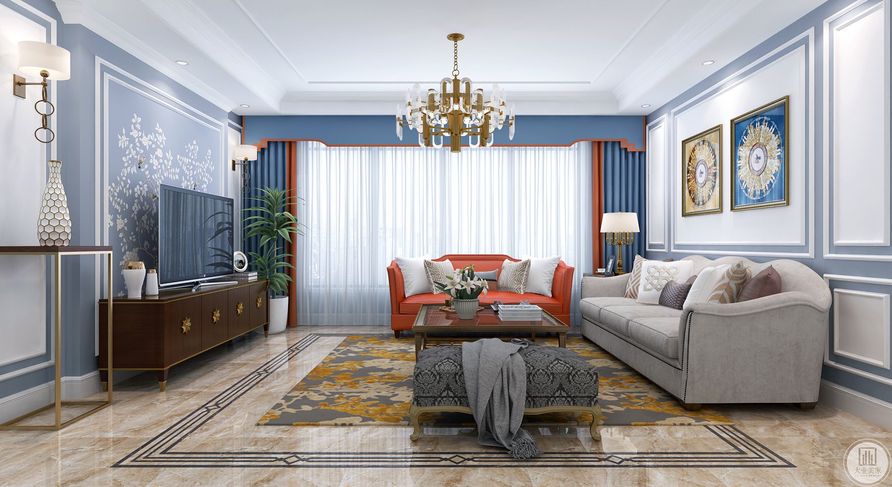 客厅整体是白色的渐进蓝色色调，透露出简单大气而又淡漠的视觉效果。乳白色的窗帘和橙色单人沙发以及茶几上的摆件又使空间多了一丝神秘。 