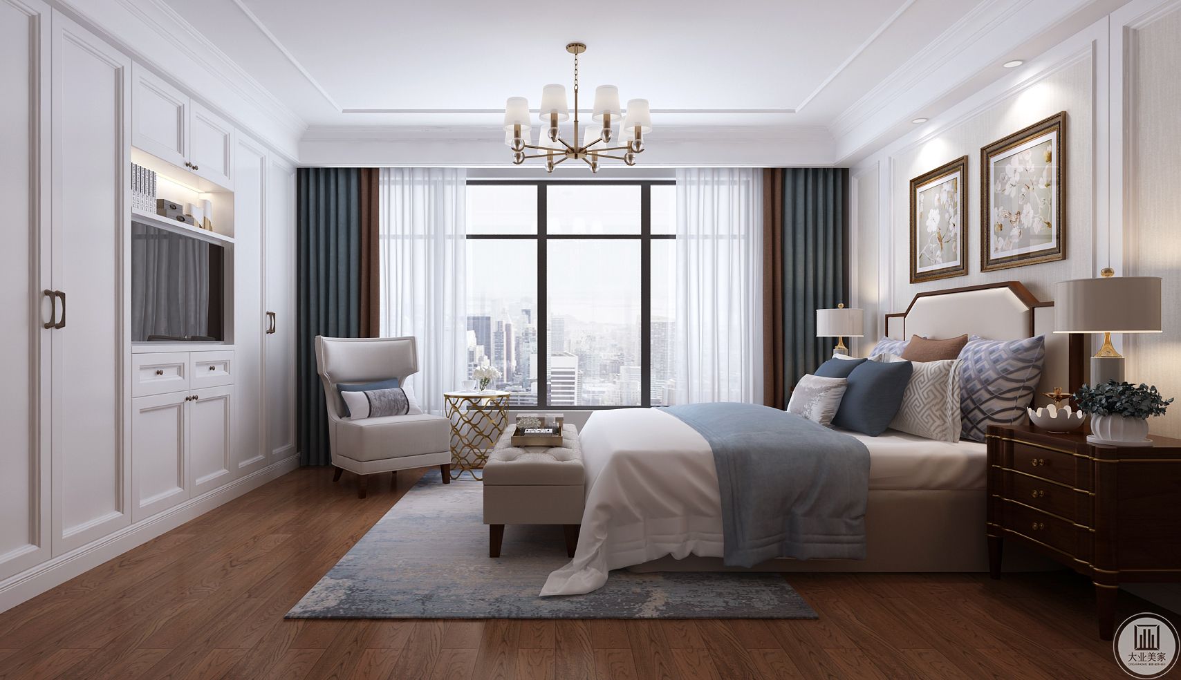 主卧室布置的十分温馨，依旧是浅色的设计，地板上浅白色的方形地毯将空间提亮了不止一个度。