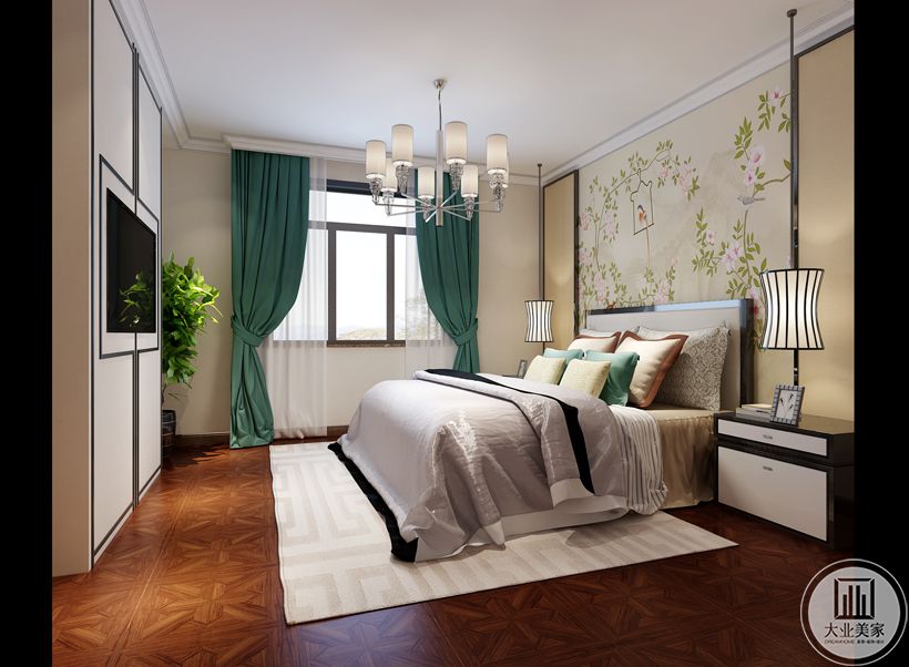 卧室注重对舒适的私人空间氛围的营造。以浅色的花纹护墙板搭配素白软包为背景墙，简单大气而舒适。 设计师采用浅白色的床品搭配方格纹理地毯为整个卧室增添一丝浪漫情趣。