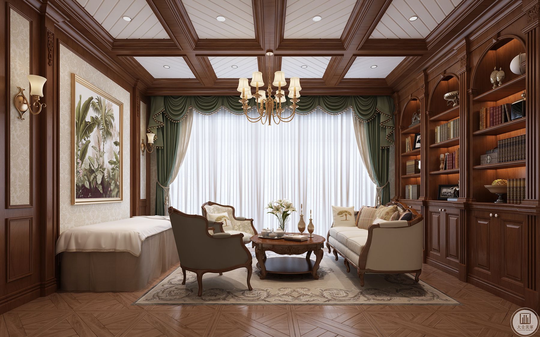 古典装饰的书房，原木的桌椅结合中式雕花吊灯，兰花清幽做点缀。 
