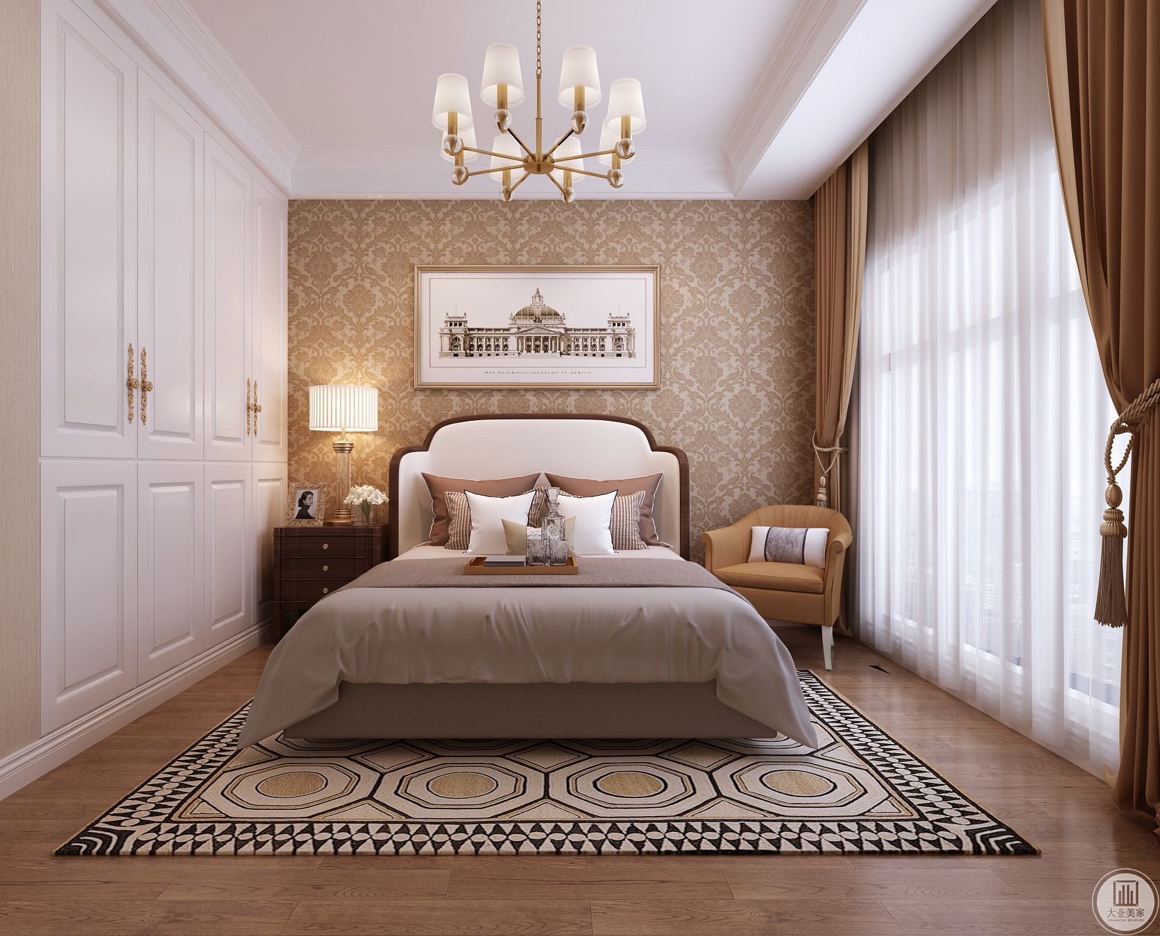 卧室注重对舒适的私人空间氛围的营造。以咖啡色的花纹护墙板搭配素白软包为背景墙，简单大气而舒适。 设计师采用浅白色的床品搭配花纹地毯为整个卧室增添一丝浪漫情趣。