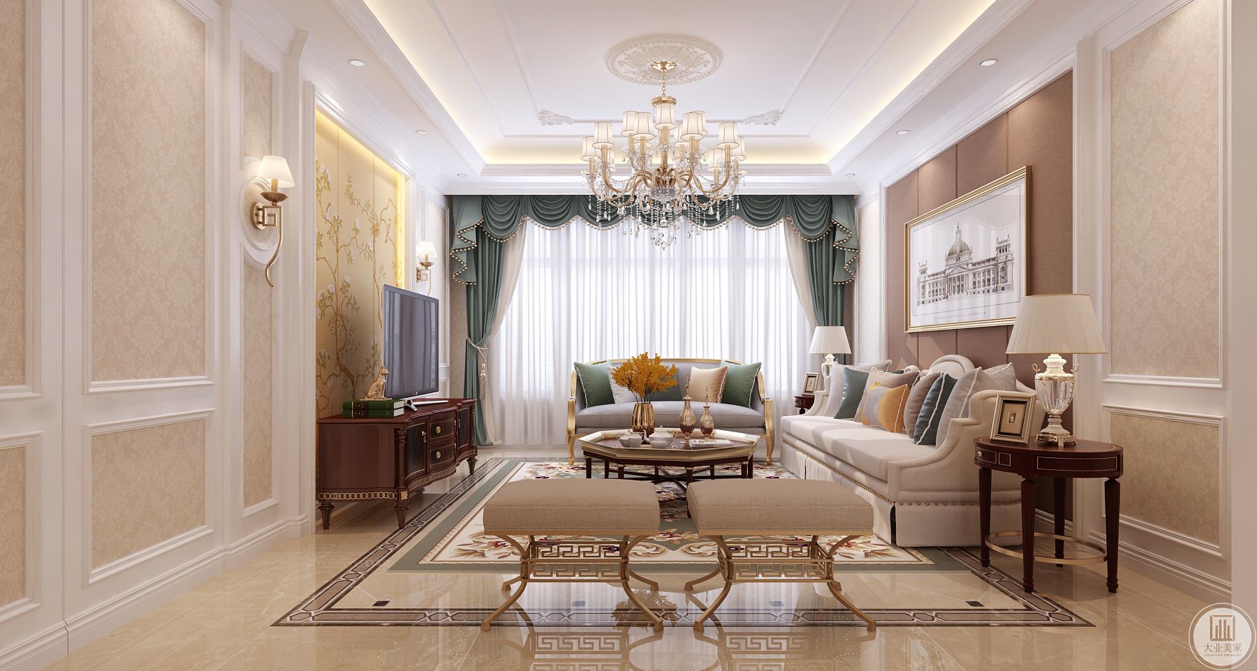 整体以华丽的装饰，精美的造型达到雍容华贵的装饰效果，搭配水晶壁灯营造气氛。而米黄色而蓝色系欧式沙发更是带着清幽，让空间格外华贵，精致细腻中有舒适平和的雅调。 