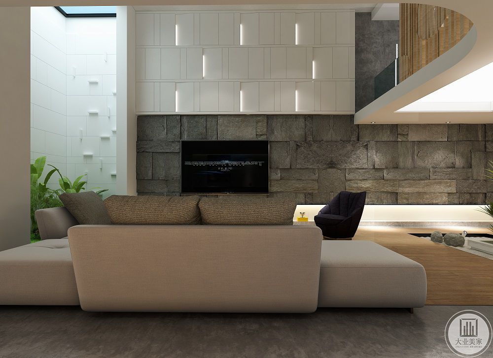 白色护墙板与石砖墙面的结合，简洁又不失大气，电视组合柜用的白色柜子，但通过其他的搭配，已融入到整体空间中，家具、地砖、灯光、色彩均营造出了现代化的空间。 