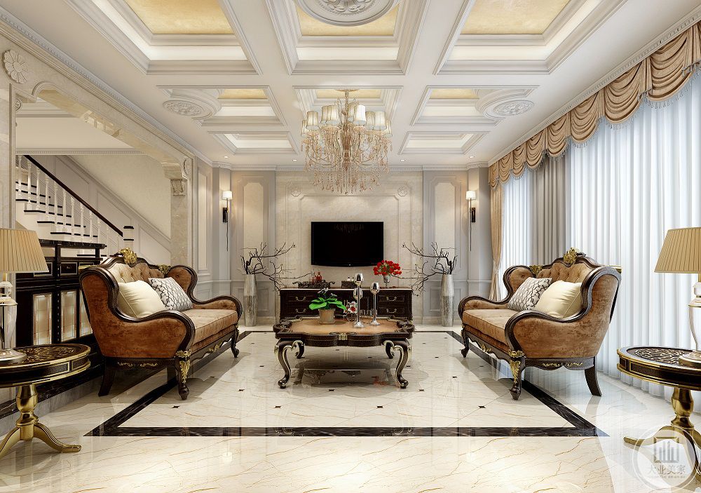两组优雅的主沙发后是复古木色的背景墙，墙中央是一台电视，白色的色彩与客厅的木色完美融合。