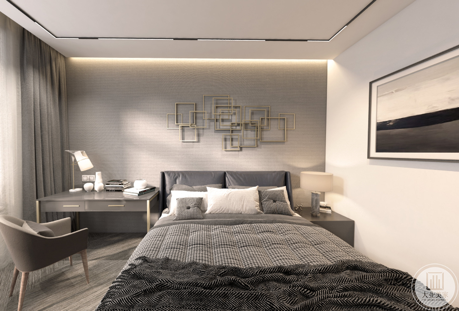 卧室依旧是简约的色调，浅灰色的木质地板上是深灰色的，床铺则是灰白。床头墙上是简约的现代艺术装饰画 。