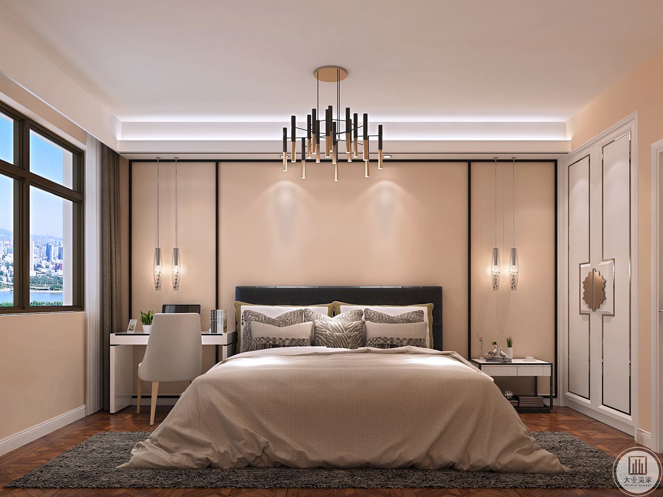 床头的软包比较简单，用一个简单的挂灯进行装饰，除了床品，基本都以客厅的色系为主，晚上更好入眠 。