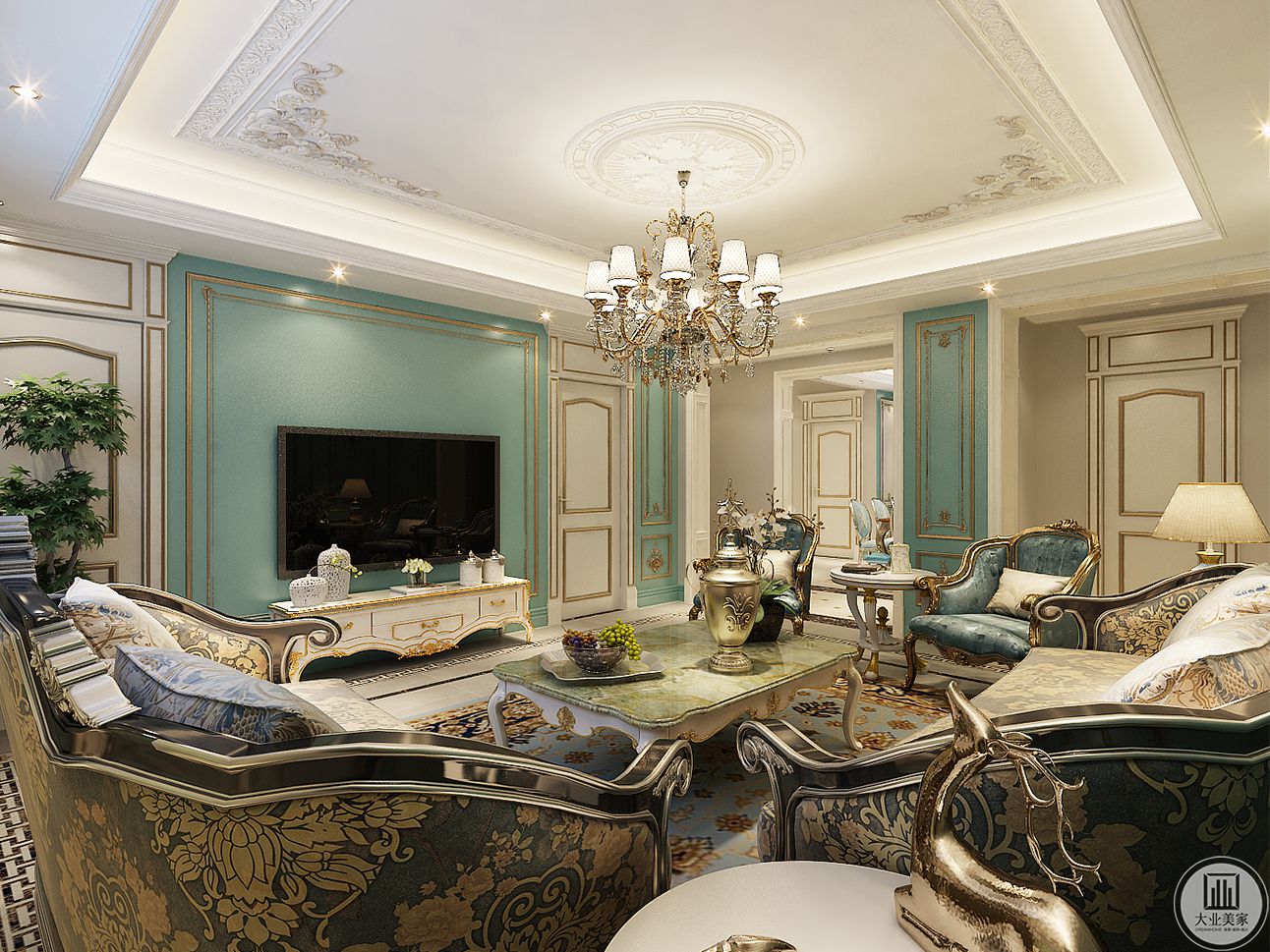 客厅的吊顶与沙发都极具奢华，墙面采用淡绿色为主题色，与法式风格相呼应。