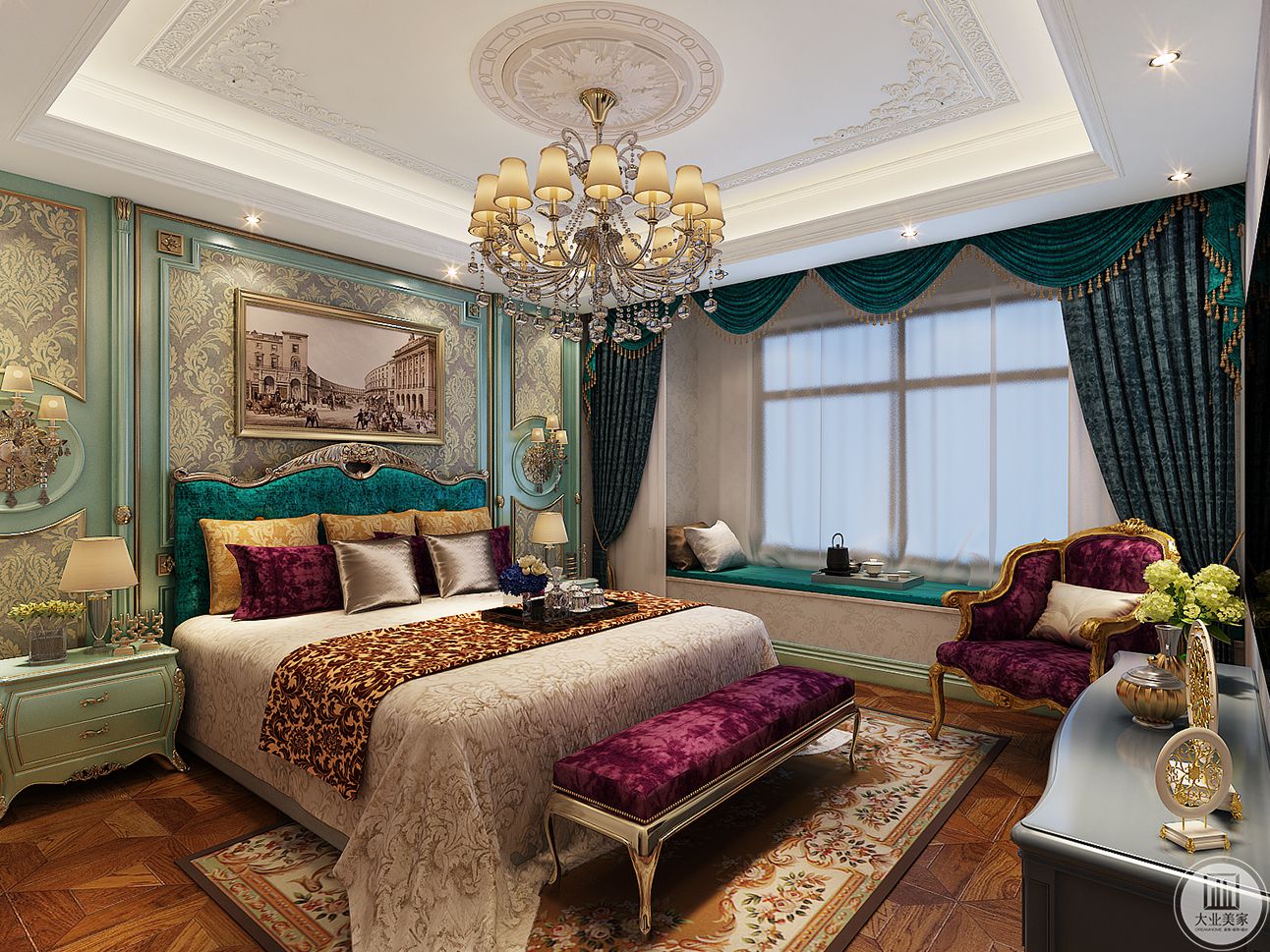 该区域为主卧区，运用了与客厅相同的颜色，以及花纹壁纸的装饰，背景墙采用软包，绿色的窗帘，鲜活而明亮。