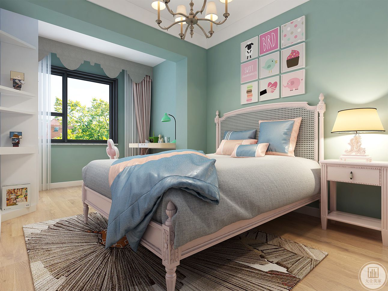 背景墙和主卧相同使用双色乳胶漆分色。灰色和蓝色很好的融合在一起，灰色的窗帘和乳白色的床具相呼应，精致的床头灯和精致的吊顶共同营造了一个优雅清新的休息空间。