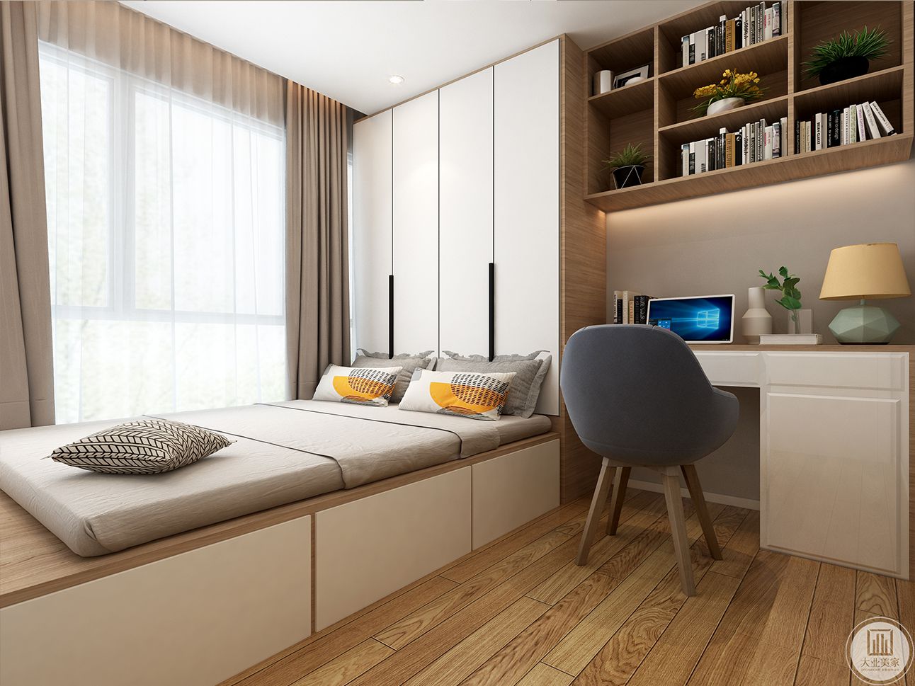 卧室采用与客厅相同的色调，更优雅含蓄。床头背景做了简单的造型，吊顶的处理同客厅一样，并将床头与柜子连接，是整体空间很紧凑。