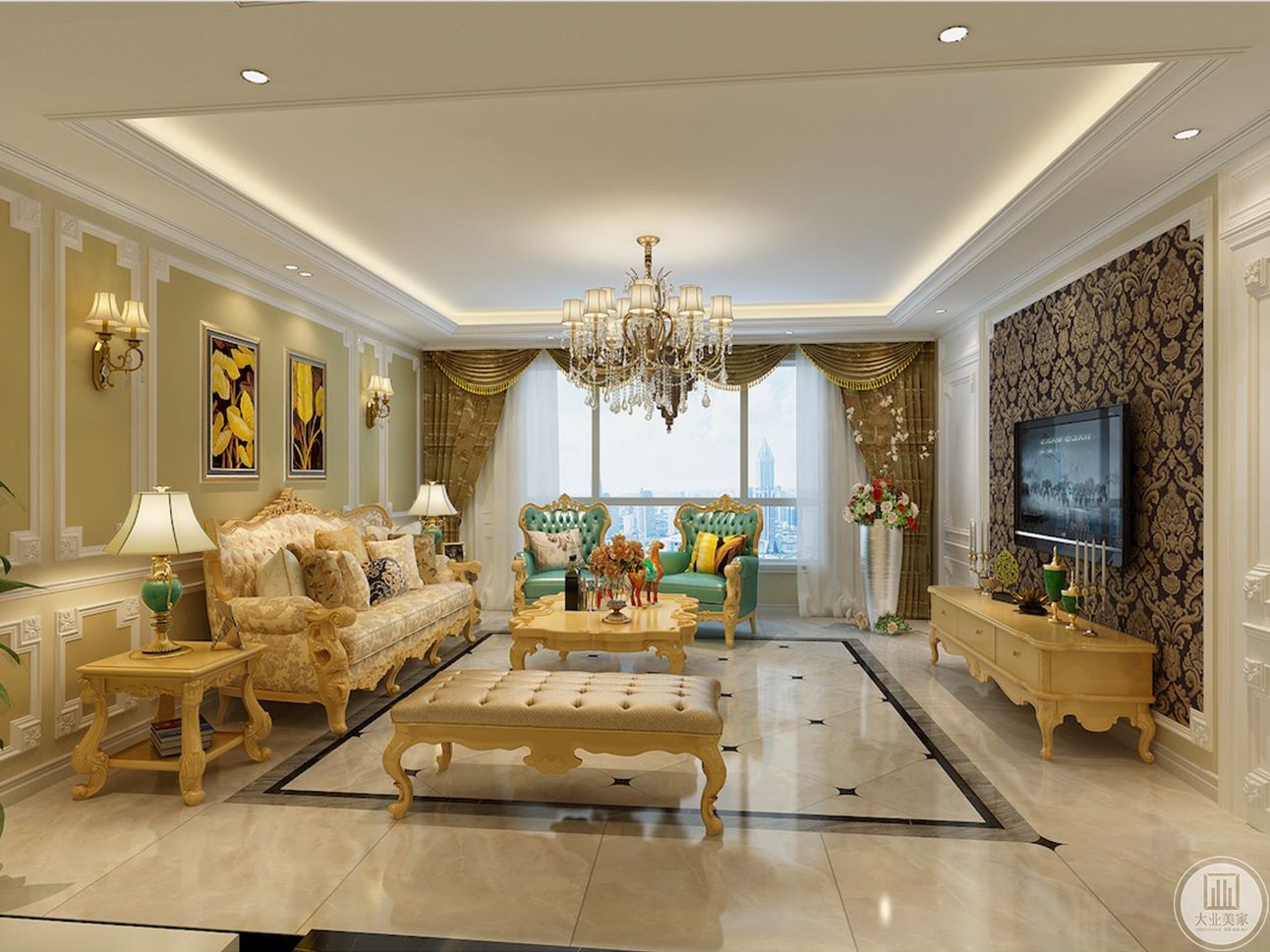 客厅沙发选用欧式风格，电视背景墙采用花纹壁纸，大感觉给人一种雍容华贵的气息