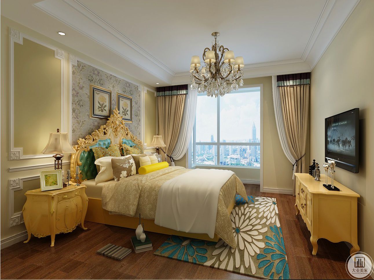 卧室主色调为浅色系，欧式的家具及整体搭配，极具欧式风情