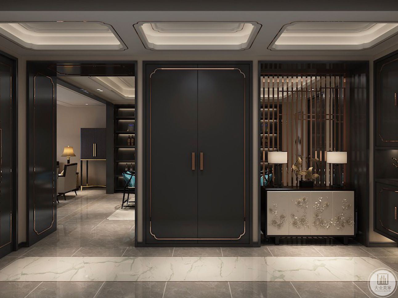 门厅空间沿用古色古香的中式元素和简单素雅的现代线条自然衔接，设计上令空间的现代气息与东方韵味共存且维持平衡，打造质感十足的室内氛围。