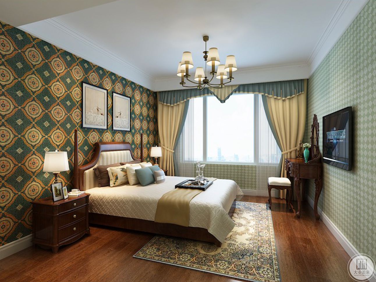 本房间采用绿色纹理壁纸搭配褐色硬件别有一番韵味