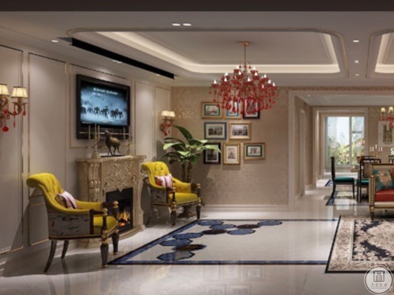 客厅沙发选用欧式风格，背景墙采用大型壁画，大感觉给人一种雍容华贵的气息