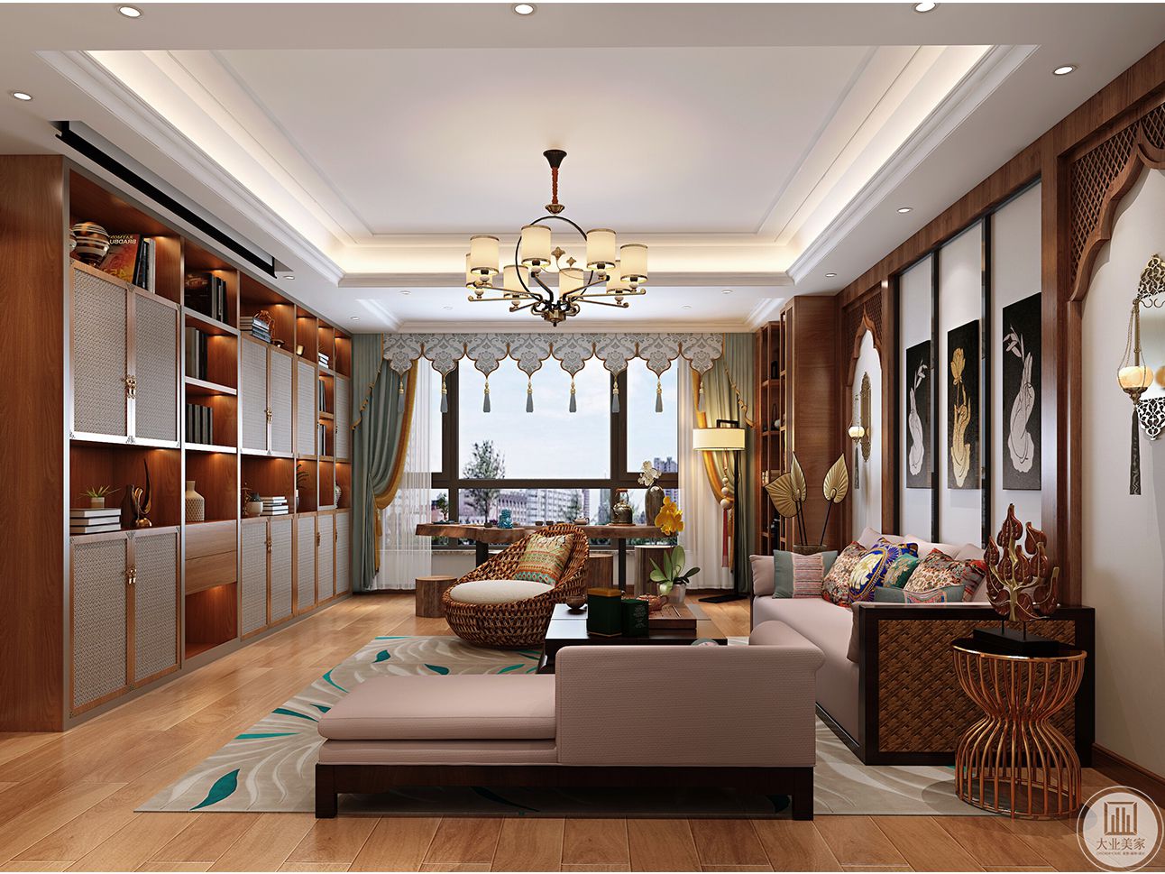 客厅的布艺沙发与主色调形成鲜明的对比，在配饰的选择上也很有品味。