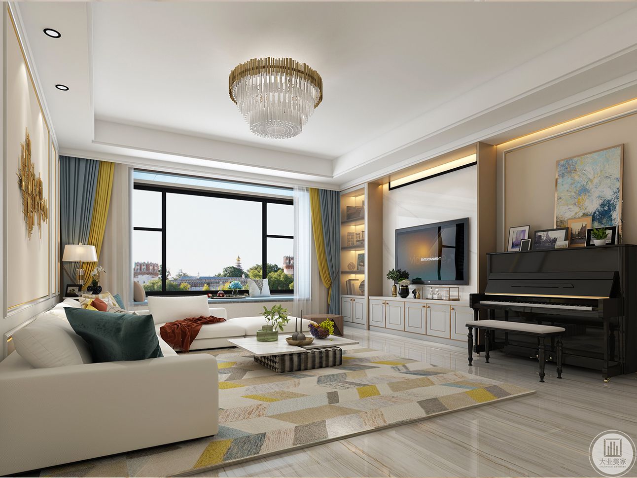 客厅空间的布置重点在于家具协调、对称的技巧，让每一个细节的铺排，都呈现出令人感觉舒适的气氛。