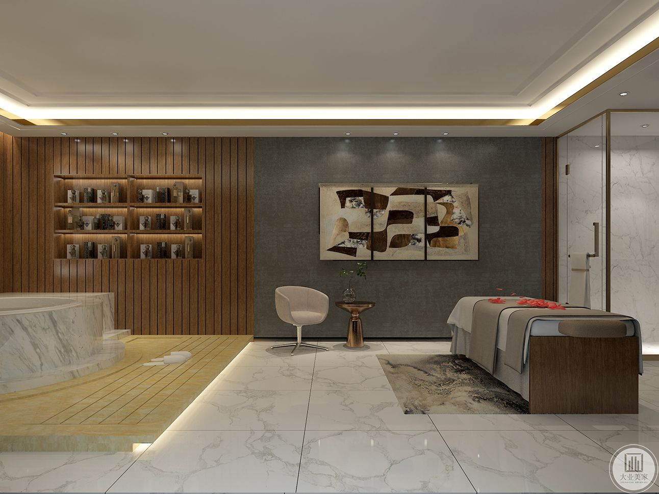 该区域为休息区，整体墙面采用灰色系，与客厅相同风格色系的感觉。