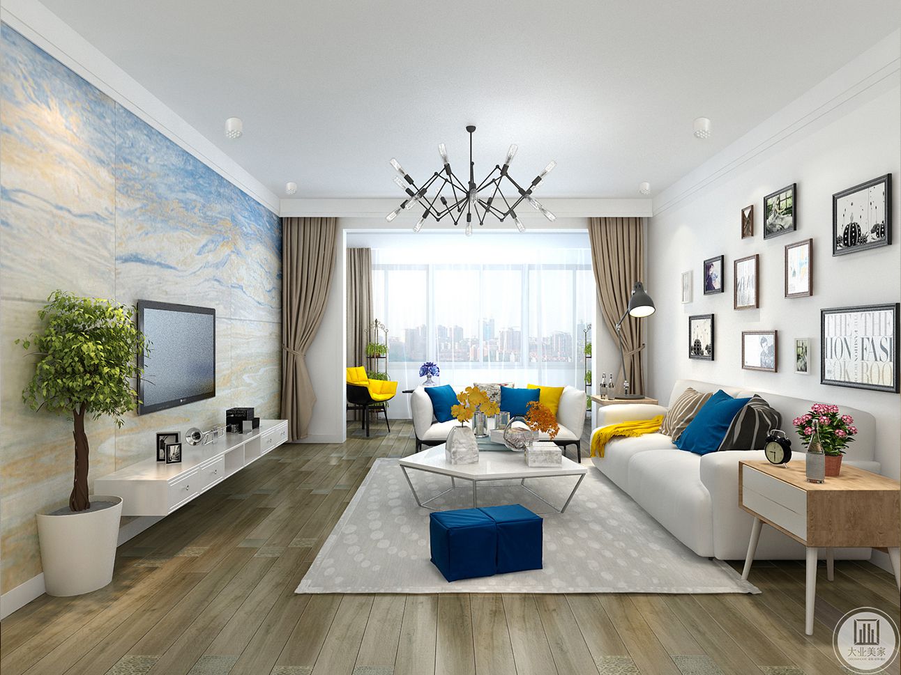 客厅空间的布置重点在于家具选购与色彩以及布品的搭配，协调、对称的技巧，让每一个细节的铺排，都呈现出令人感觉舒适的气氛。