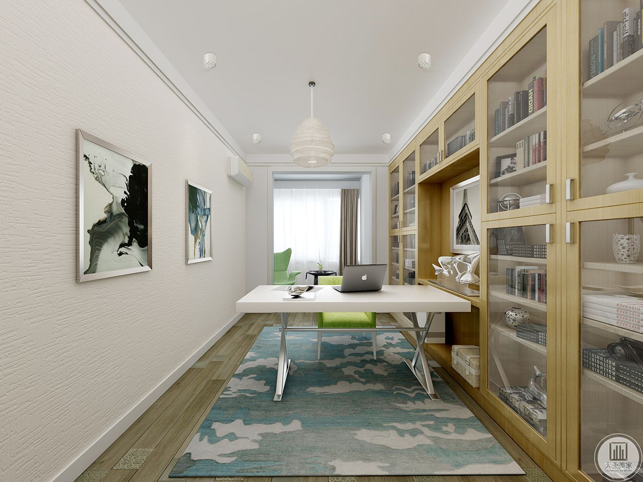 书房布置样式简介，设置了大书桌，书桌侧面书橱，收纳空间增大，大大提高了空间的利用率 。