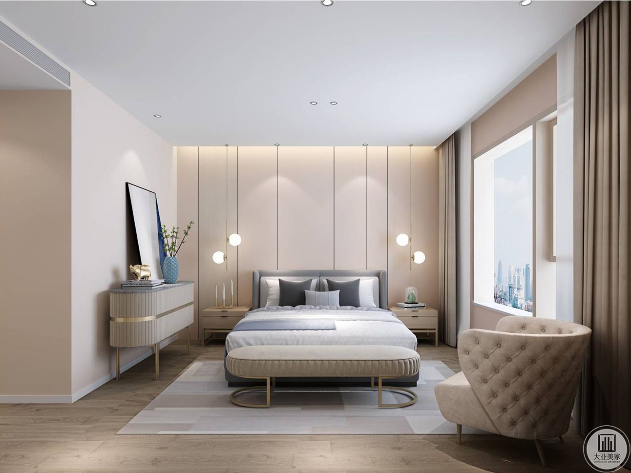 卧室布置简单大方，作为主人的私密空间，主要功能性为主，地板造型给屋子增色不少。