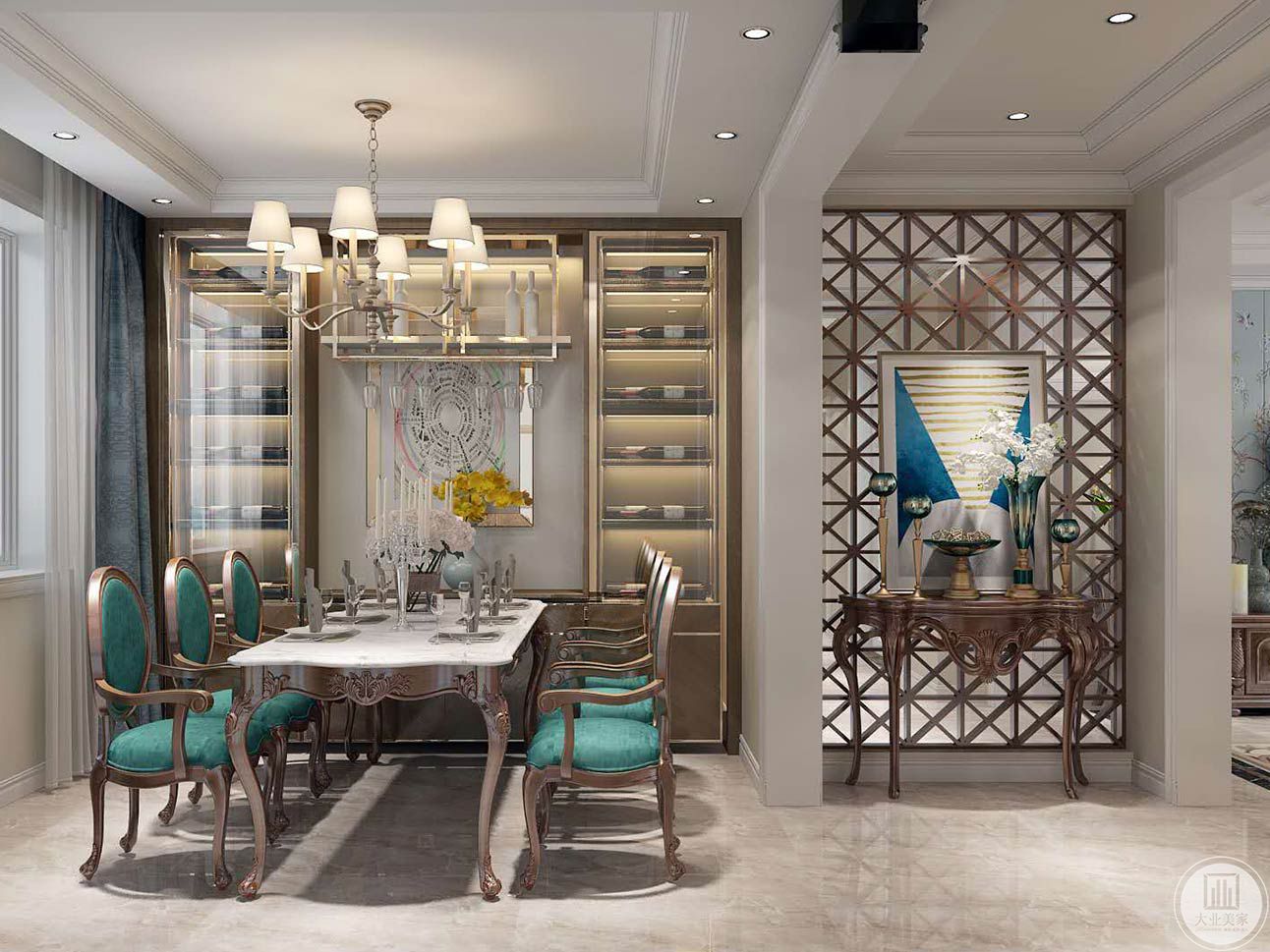 餐厅在家具形态上更加简洁，同时空间配色上也更为轻松自然。