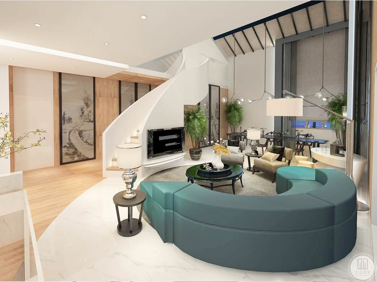 客厅空间纯熟而别致的色彩搭配与材质结合，配以螺旋式的楼梯，整体空间突显出一种高级感。