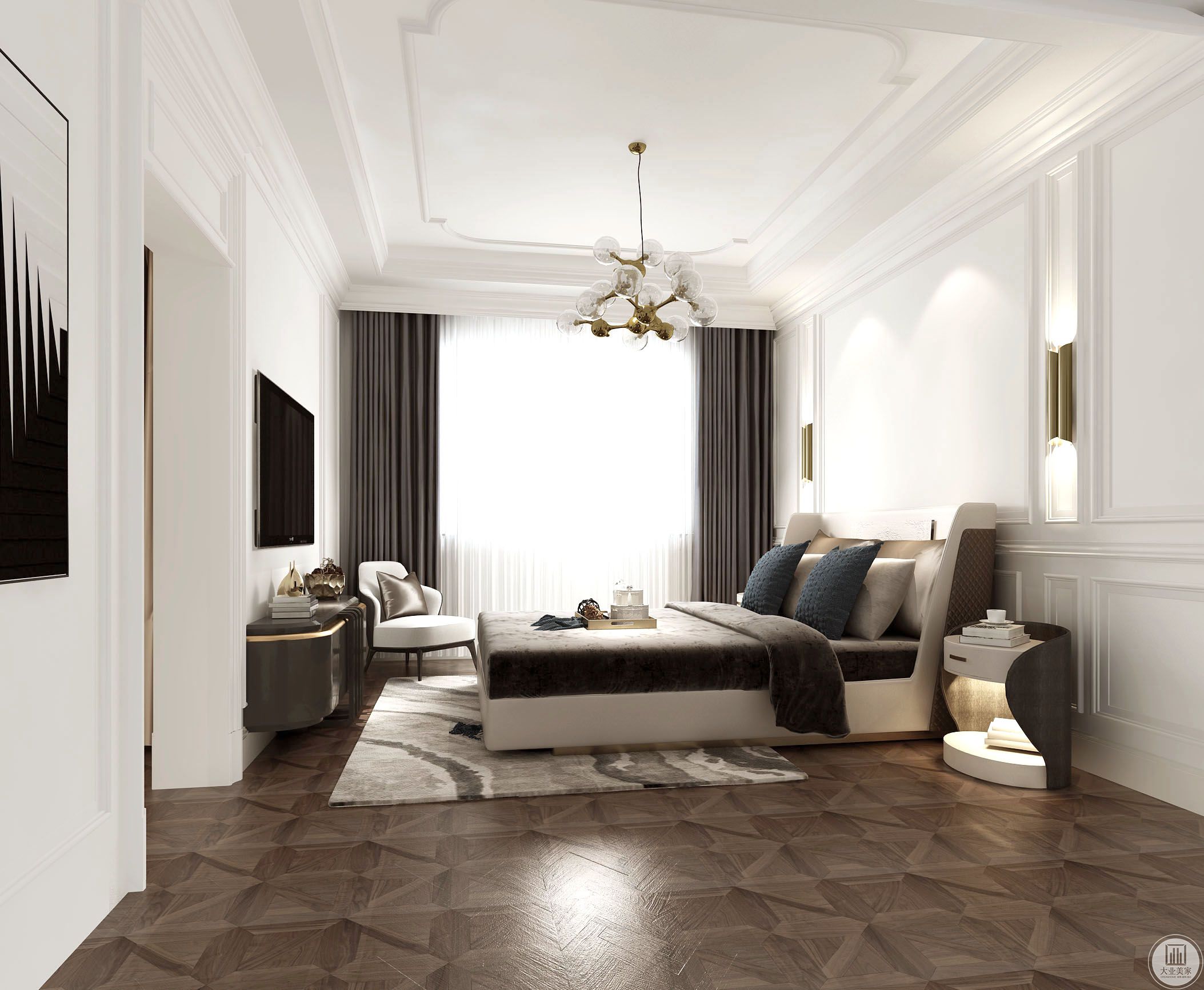 主卧是古典优雅的欧式大床，精致的木地板上铺着华丽的地毯。