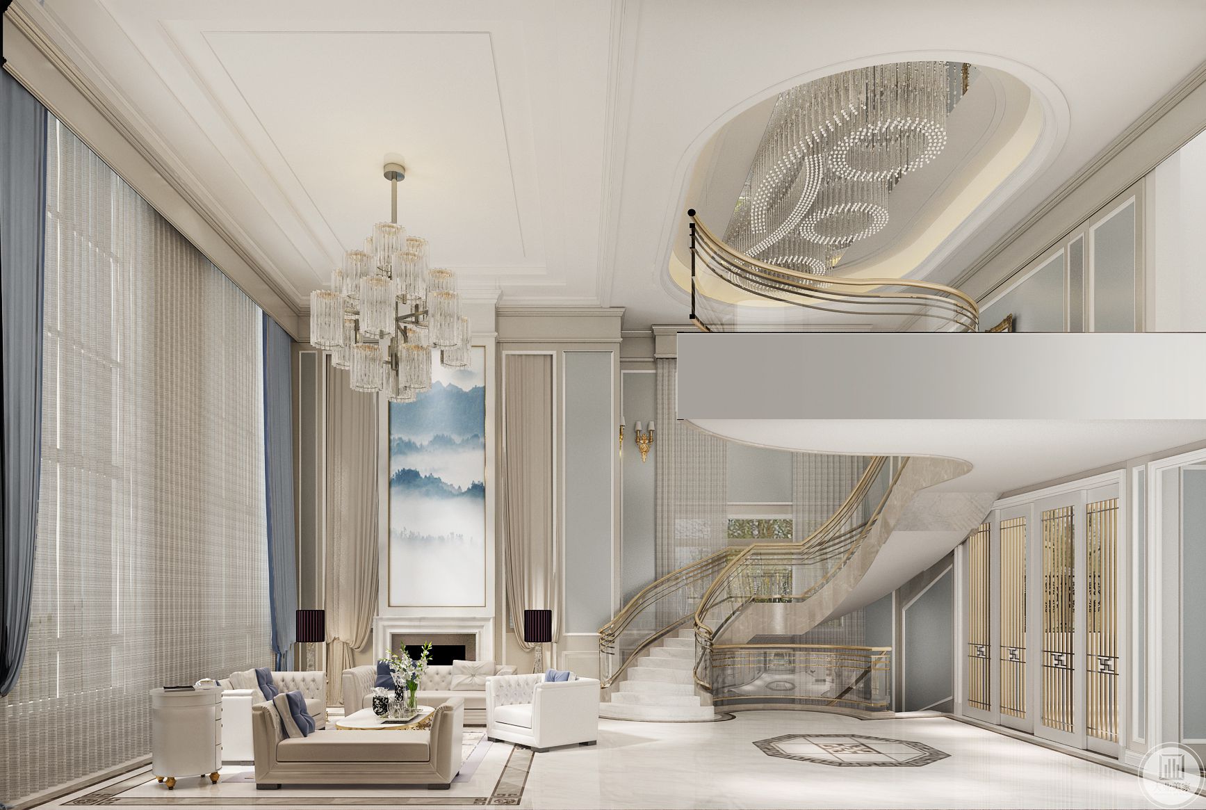 客厅空间纯熟而别致的色彩搭配与材质结合，配以螺旋式的楼梯，整体空间突显出一种高级感。