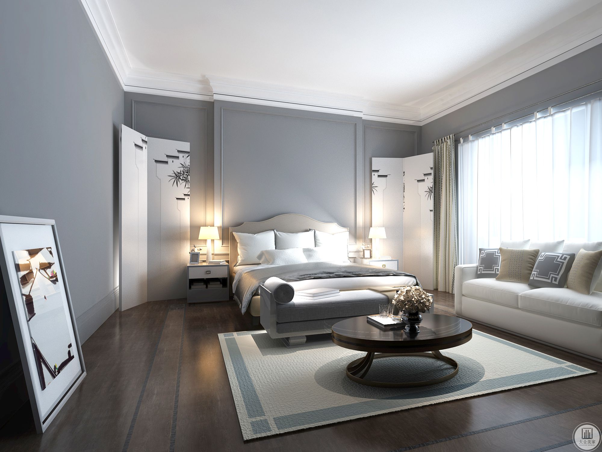 卧室依旧是简约的色调，浅灰色的木质地板上是深灰色的，床铺则是灰白。床头两侧搭配上屏风，别有一番感觉。