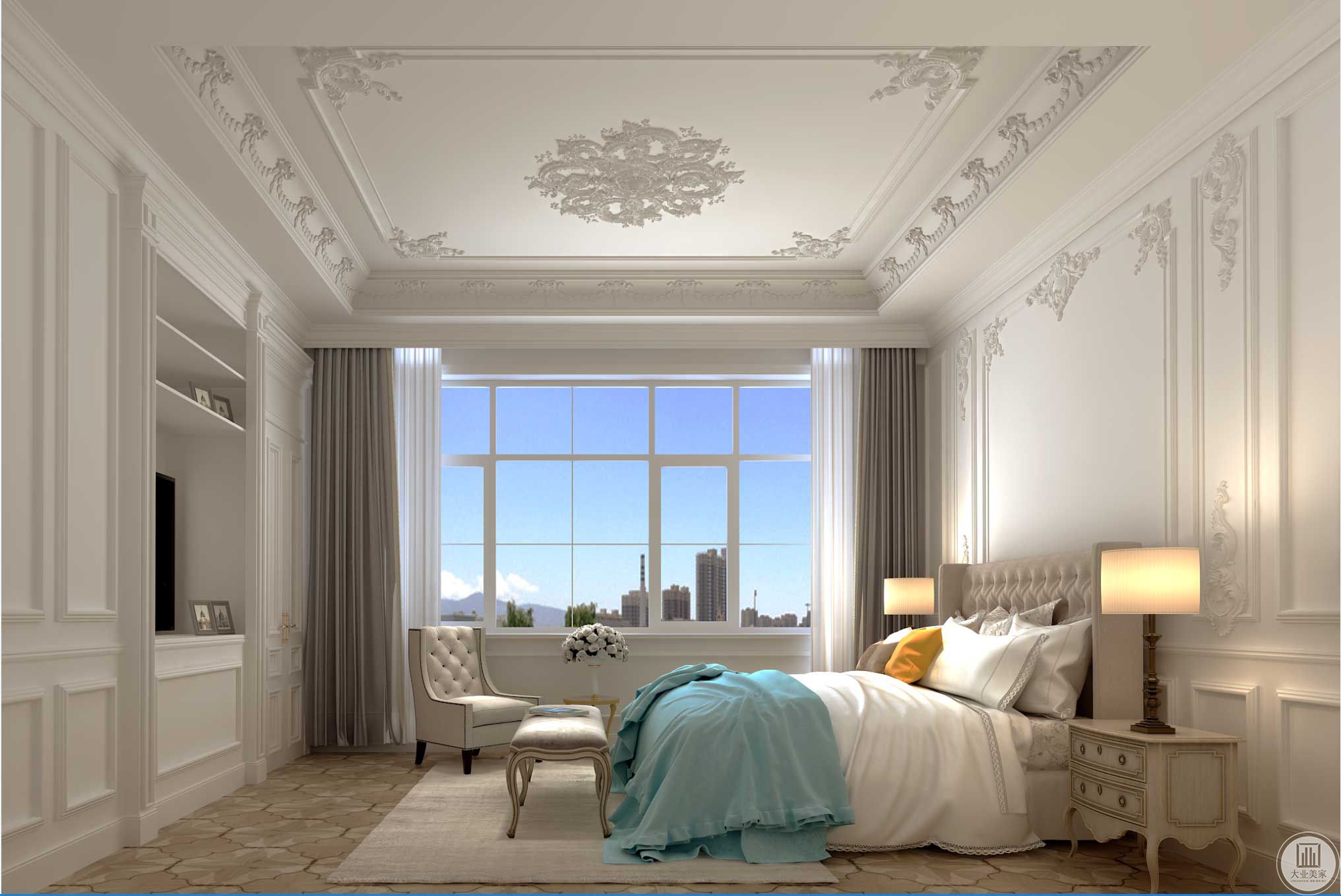 卧室注重对舒适融洽私人空间氛围的营造，设计师采用浅白色的床搭配蓝色为整个卧室增添一丝浪漫色彩。