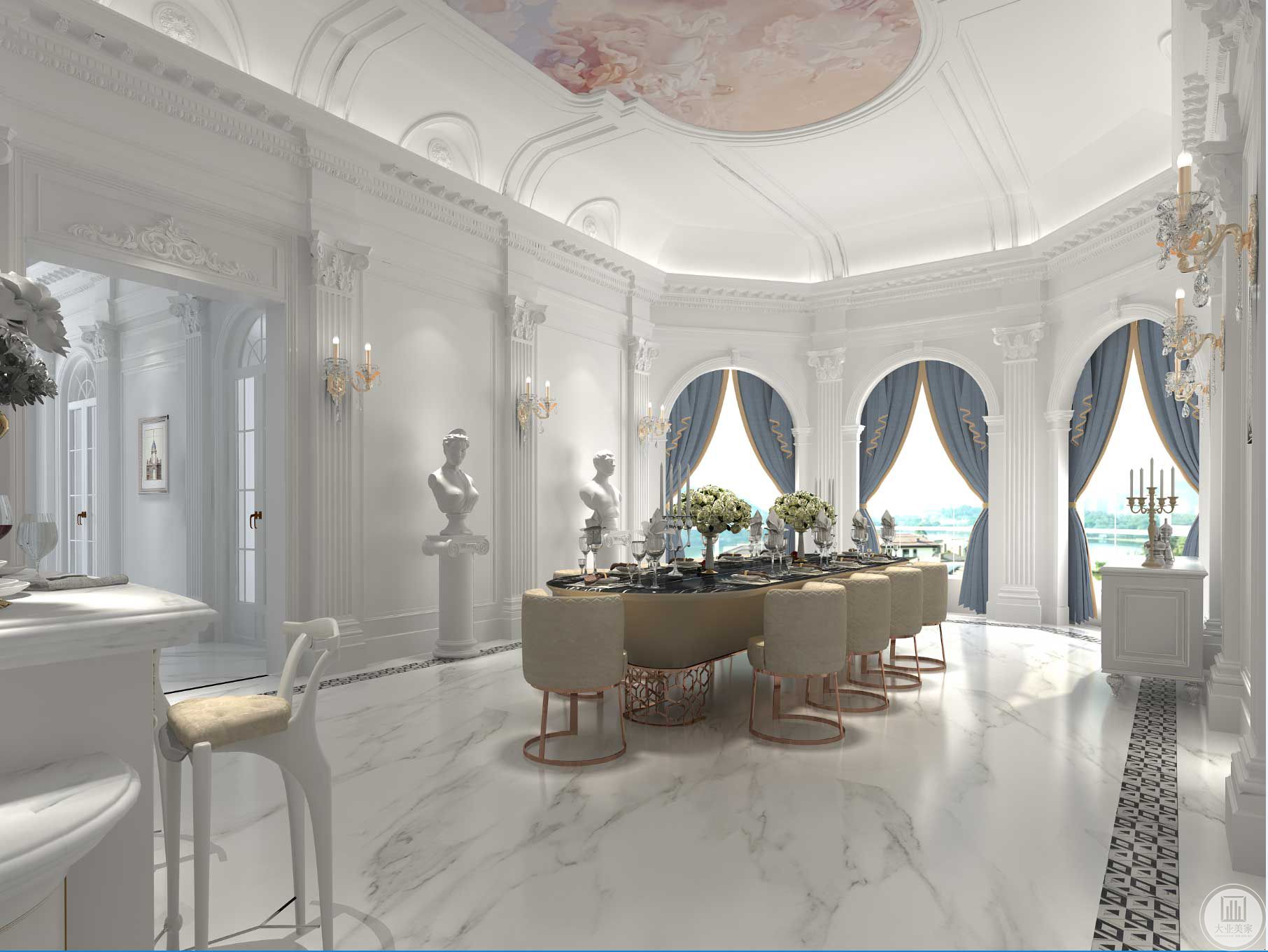 餐厅白色雕刻陈列的爱奥尼柱式彰显主人的高雅品味，并采用吊灯来营造出温馨氛围。 