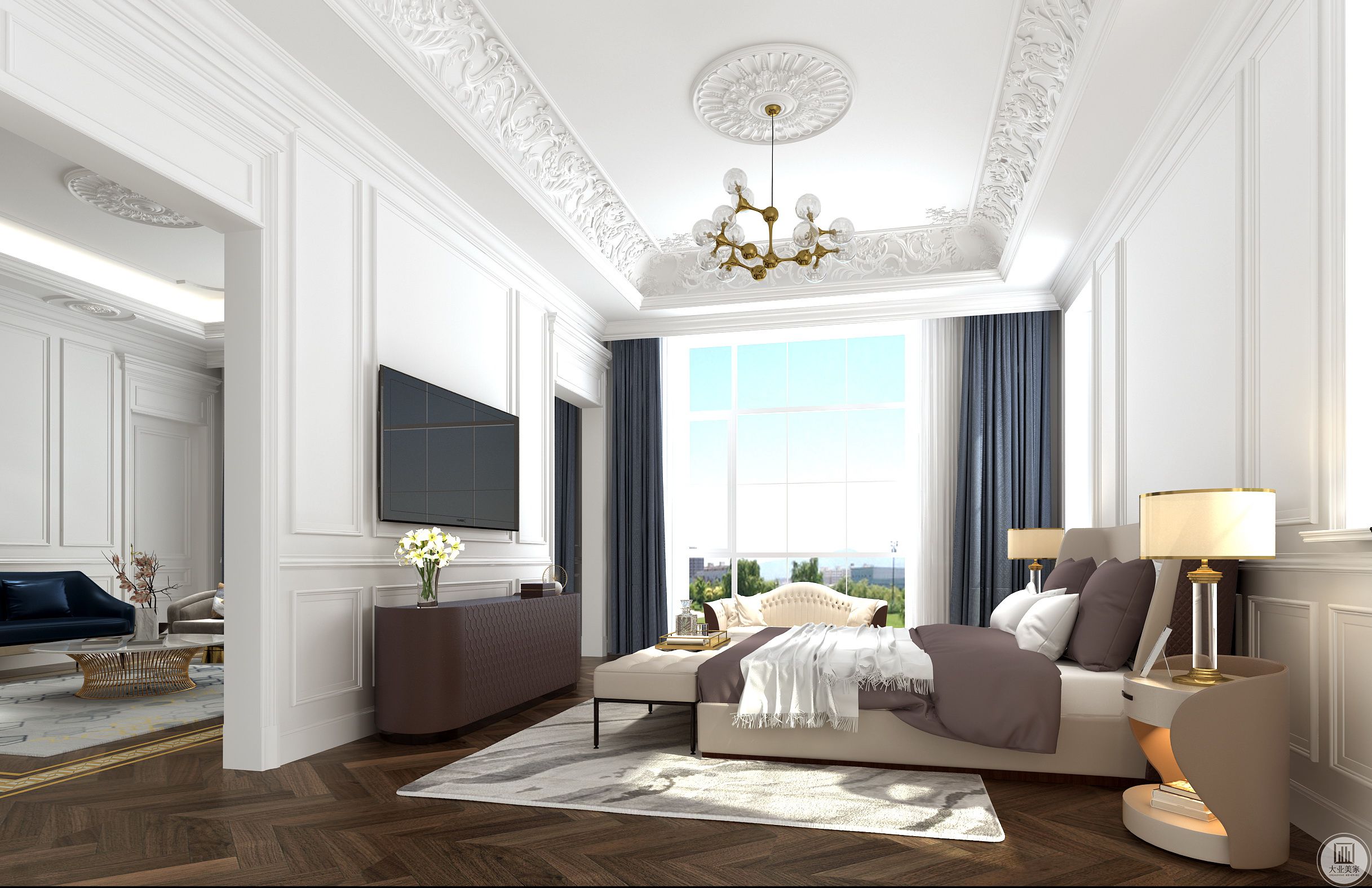 卧室依旧是简约的色调，深色的木质地板上配以褐色的纹路，与床铺的颜色相呼应。