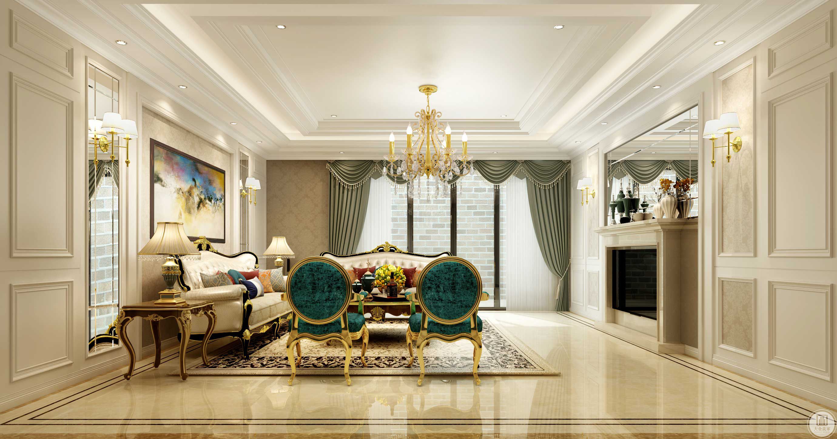 客厅家居用洗白处理与华丽配色，洗白手法传达法式乡村特有的内敛特质与风情，配色以白、金、深色的木色为主调。