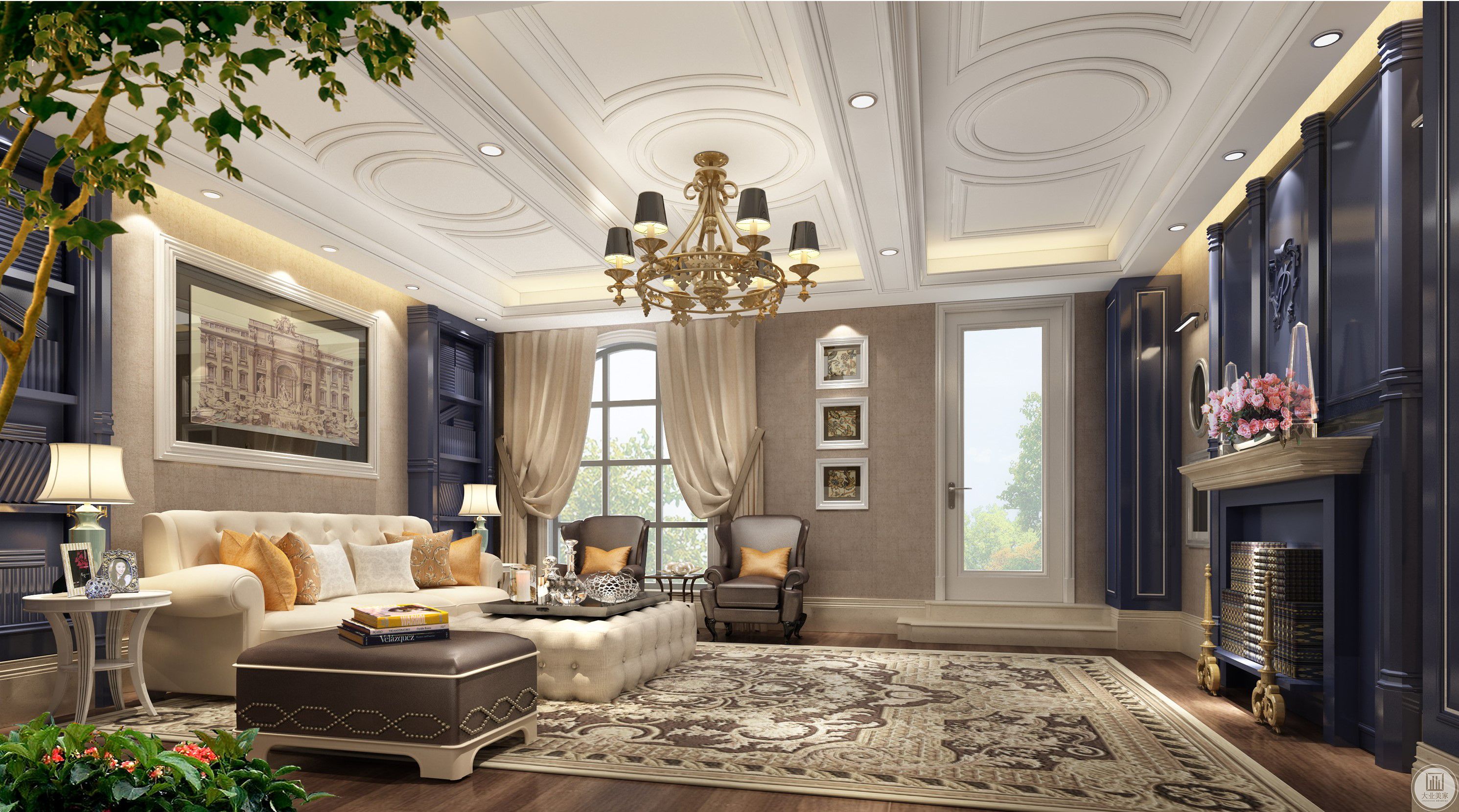 客厅空间纯熟而别致的色彩搭配与材质结合，整体空间突显出一种高级感。