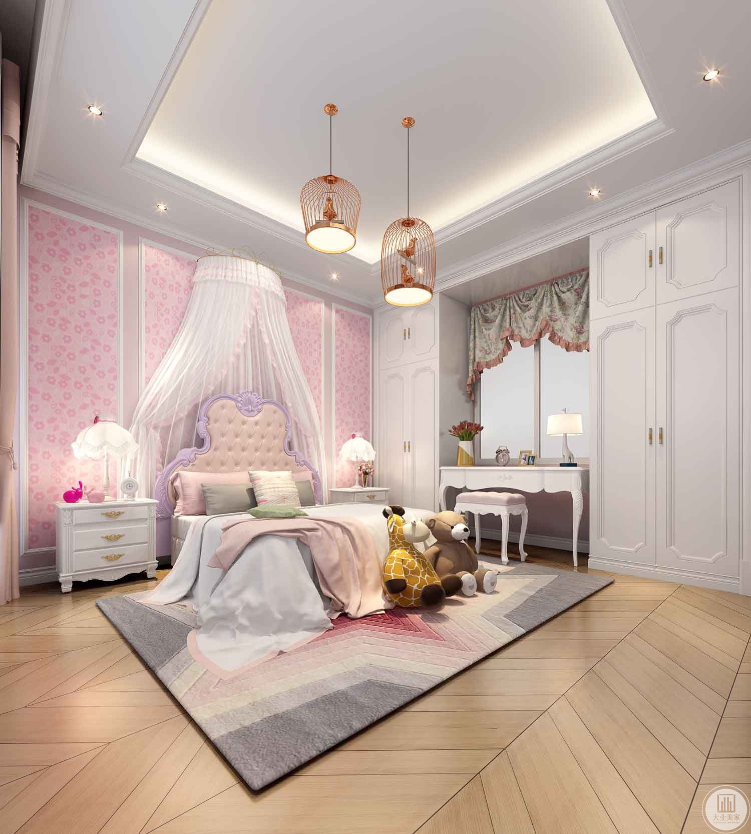 儿童房主色为粉色，其他家具的颜色搭配也不可忽视，主要以白色为主，局部的点缀色，也和主色调保持了一致。