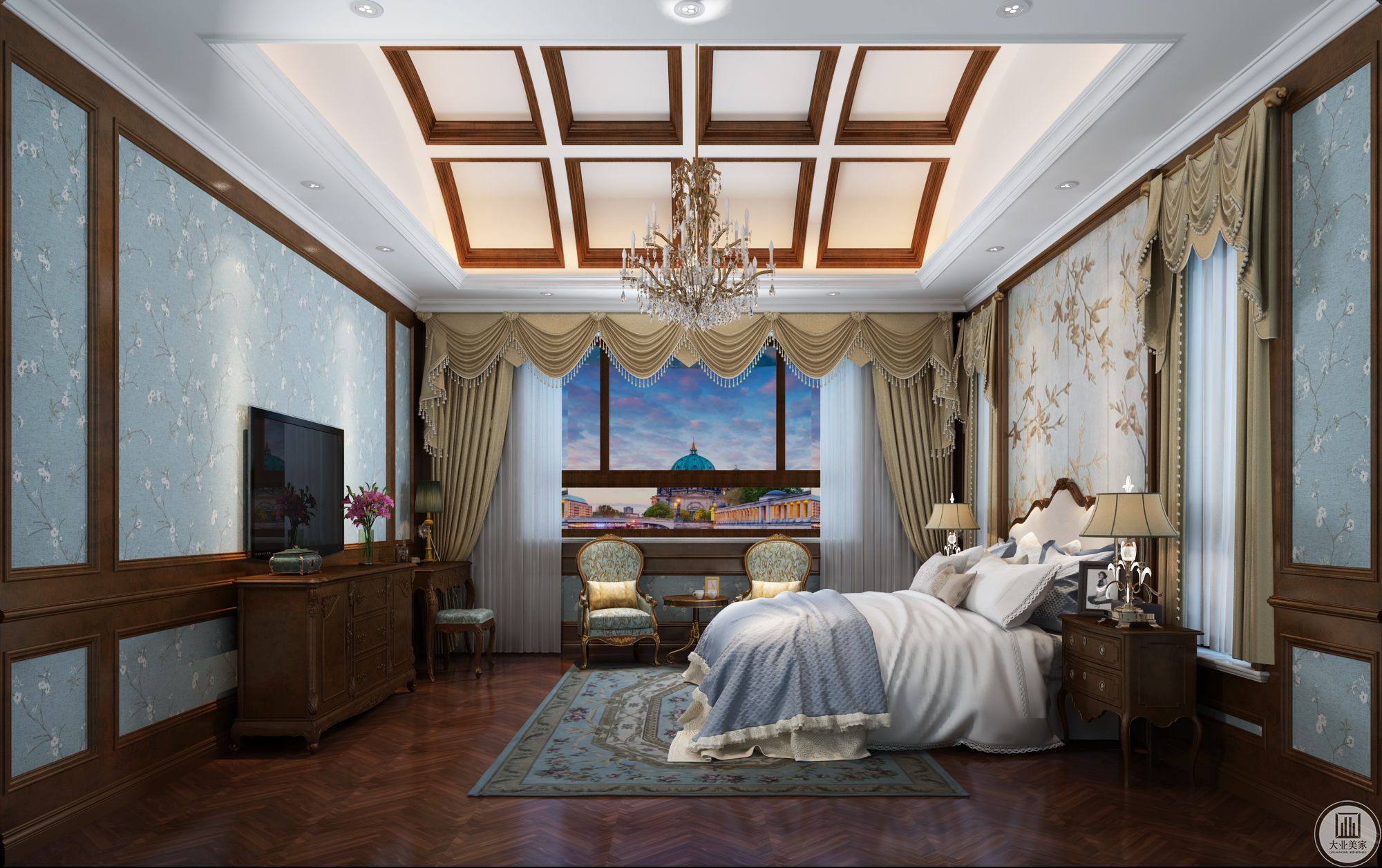 卧室以简练的设计，米黄色的窗帘搭配蓝色的花纹墙纸，细节中不缺乏时尚元素。