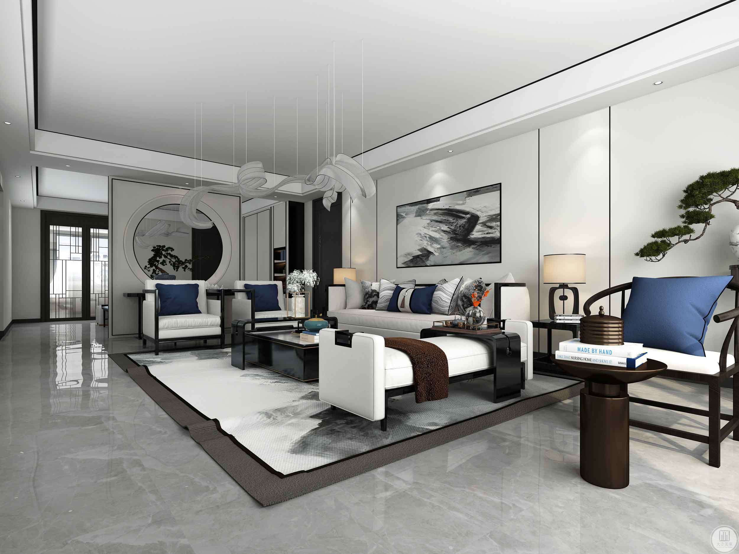 客厅大多采用白色为主，沙发采用白色和蓝色搭配，另外靠垫的面料和质感也很重要。