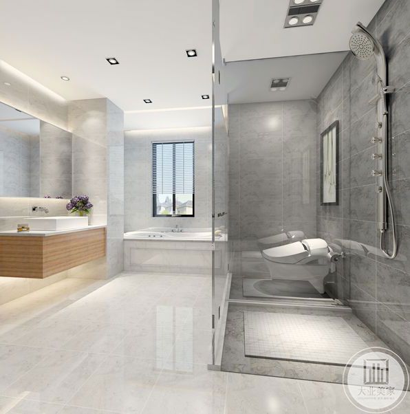 卫生间区设置了洗手台和收纳空间 ，浴缸的设计合理利用了空间。 