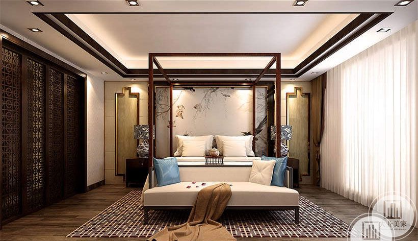 卧室的深色木质地板提高空间的质感。