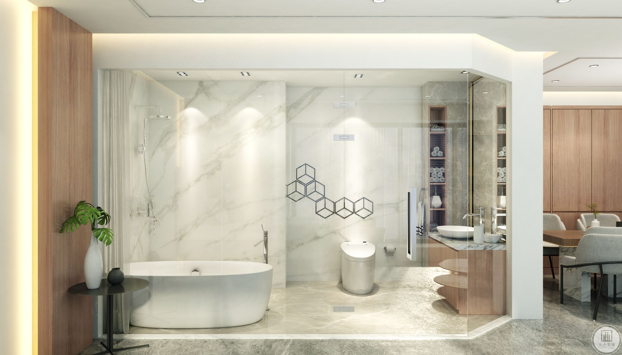 透明的玻璃让空间有交流性。白色大理石墙面与厨房墙面相互呼应。造型简洁的浴缸与马桶，几何形的装饰使卫生间更具现代感。洗手台旁的壁龛既美观又能增加储物。