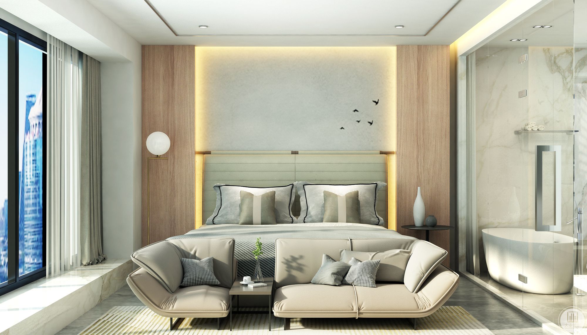 简单造型的床头背景墙让空间增加了层次。影影绰绰的灯带给卧室增添了温馨、浪漫的气息。直线形的床头灯充满了现代感。